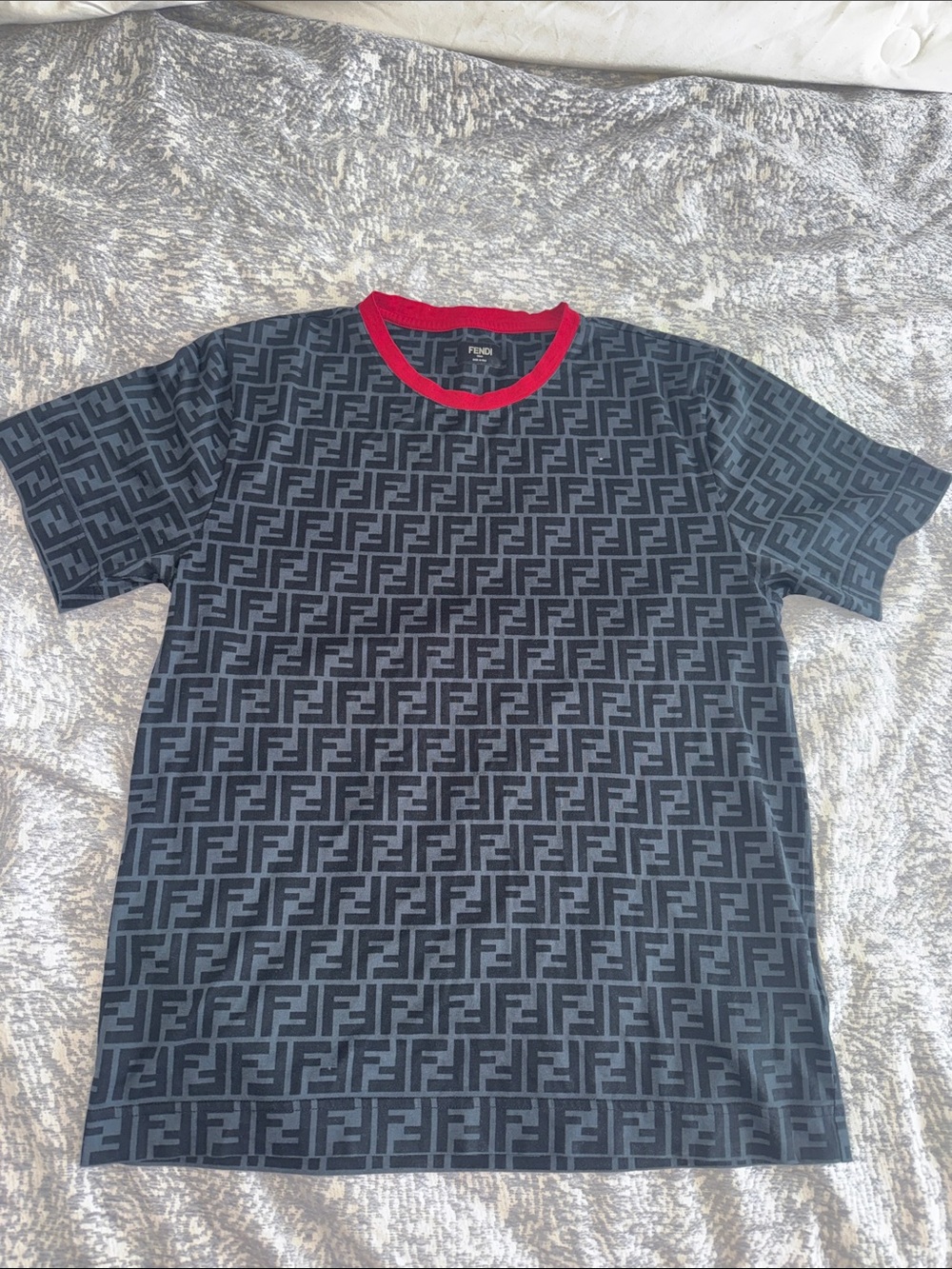 Fendi Black & Gray FF Logo Tee with Red Collar